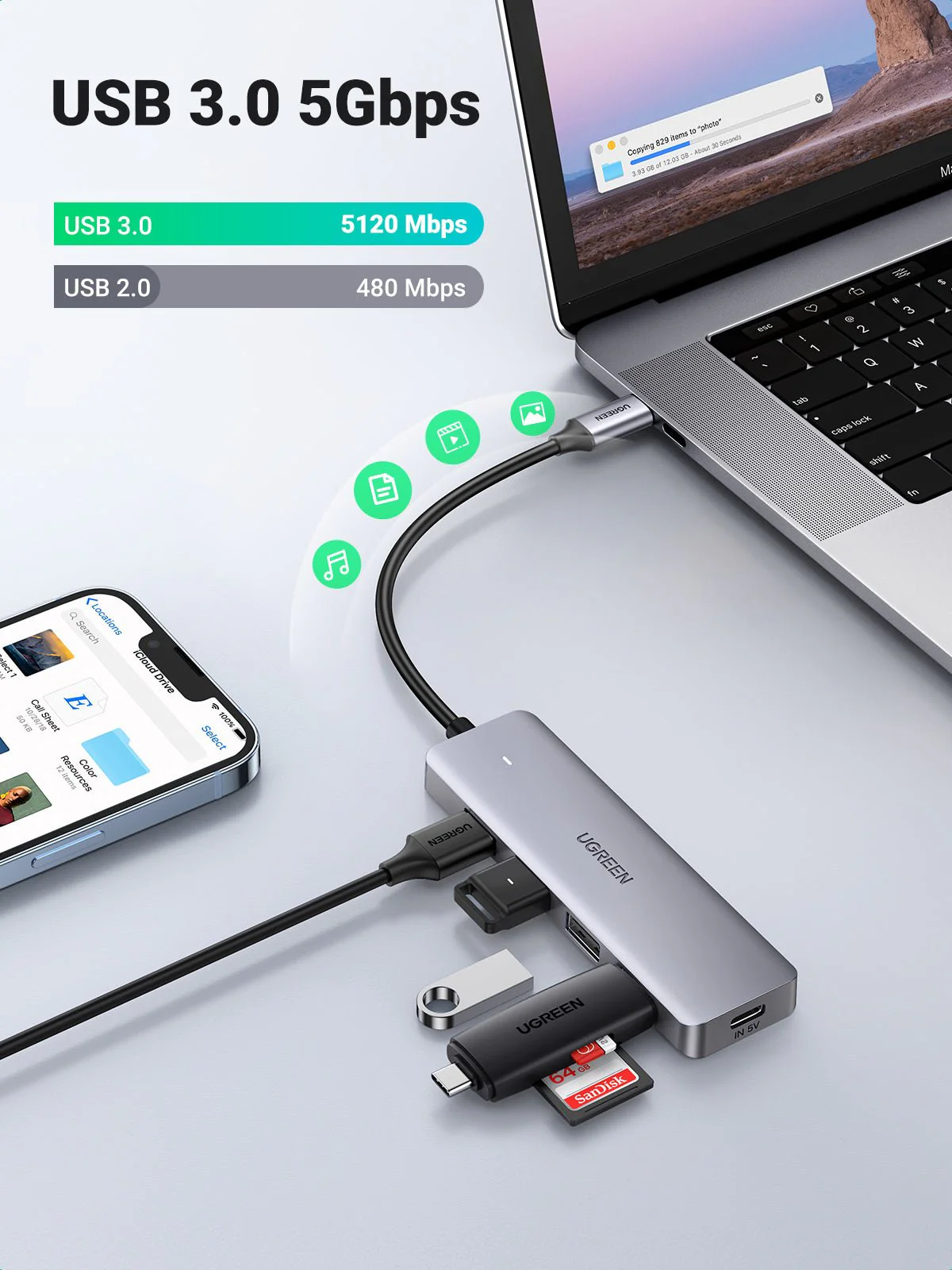 Ugreen USB-C 5Gbps 4-Port USB-A Hub w/ Adapter Support 3